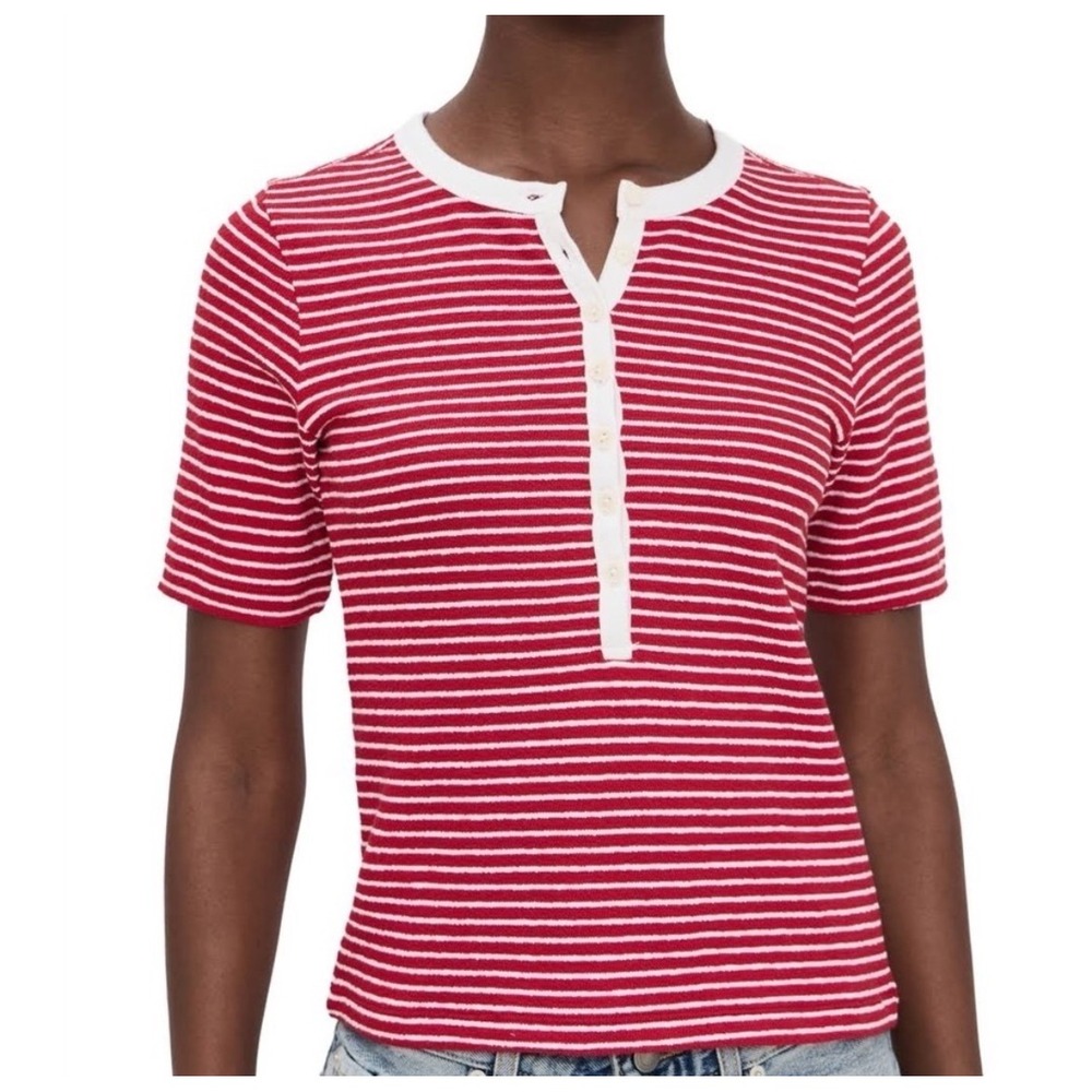 Madewell Red White Striped Terry Cloth Henley Short Sleeve Top‎ size M NW863